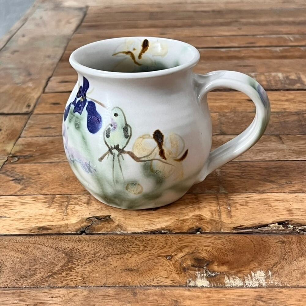 Artist Signed Pottery Clay Mug 4" Hand-Painted Floral Design